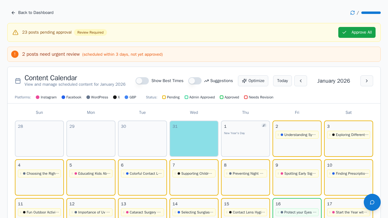 Postiva content calendar showing scheduled social media posts across multiple platforms